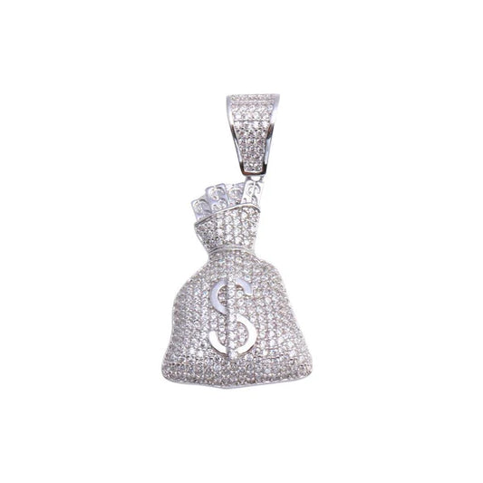 925 Sterling Silver Rhodium Plated Money Bag Hip Hop Pendant