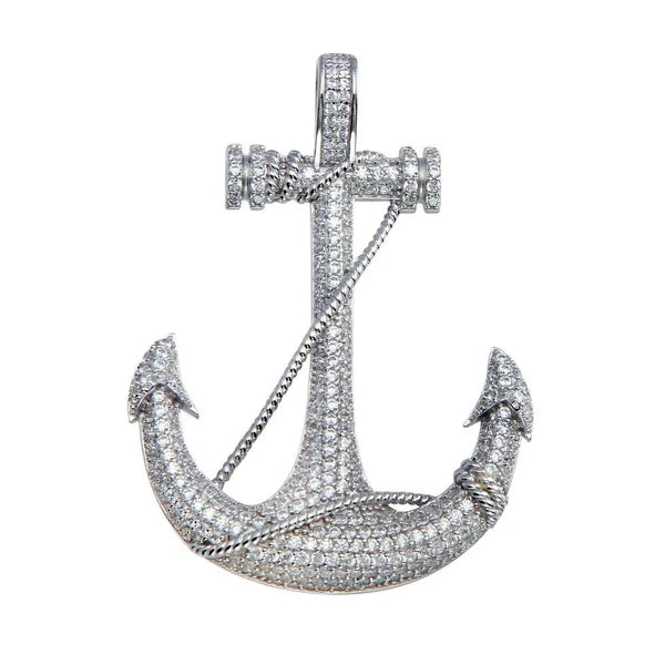 925 Sterling Silver Rhodium Plated CZ Anchor Hip Hop Pendant