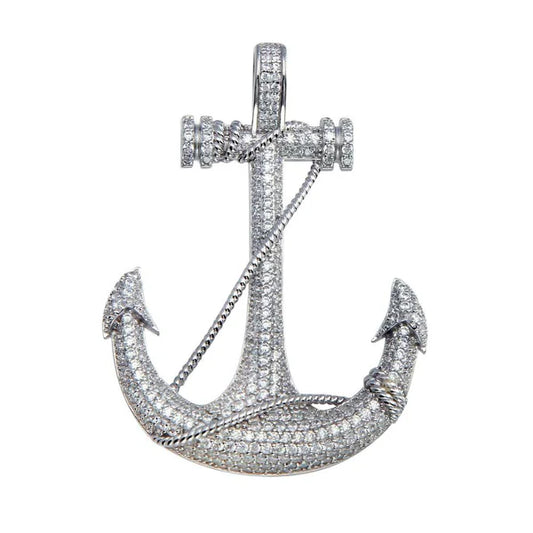 925 Sterling Silver Rhodium Plated CZ Anchor Hip Hop Pendant