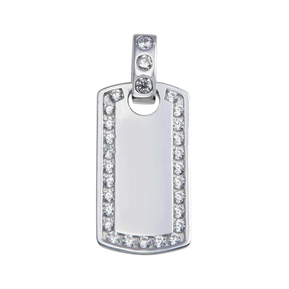 925 Sterling Silver Rhodium Plated CZ Dog Tag Hip Hop Pendant