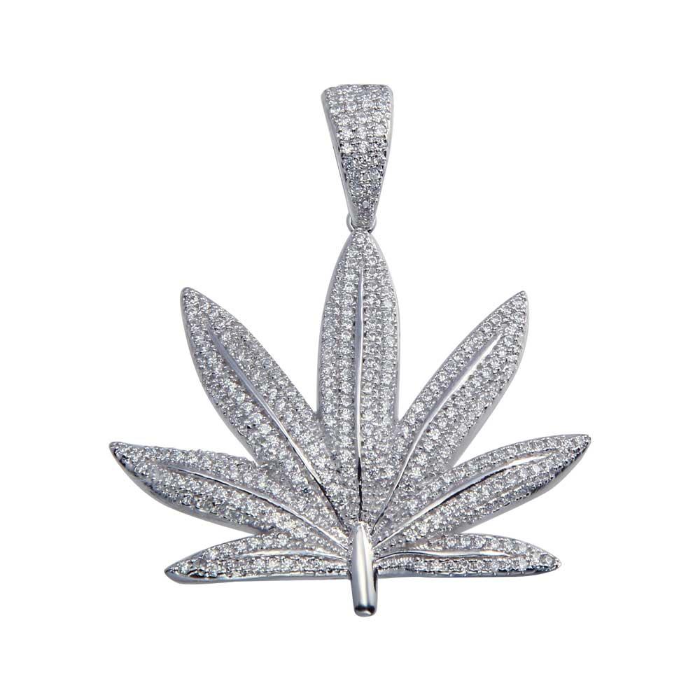 925 Sterling Silver Rhodium Plated  CZ Marijuana Leaf Hip Hop Pendant