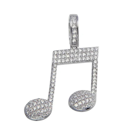925 Sterling Silver Rhodium Plated CZ Music Note Hip Hop Pendant