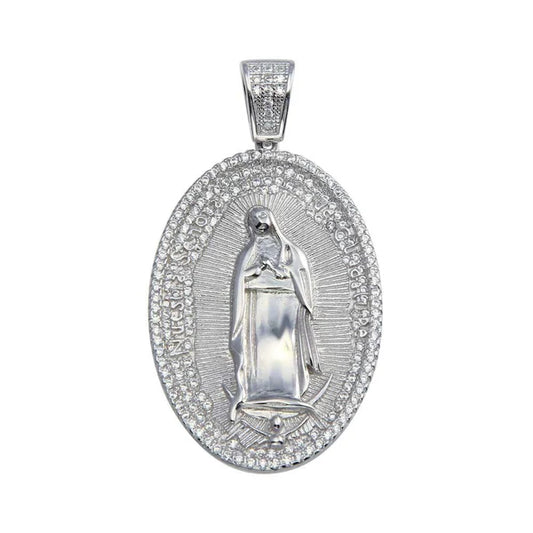925 Sterling Silver Rhodium Plated CZ Lady of Guadalupe Hip Hop Pendant