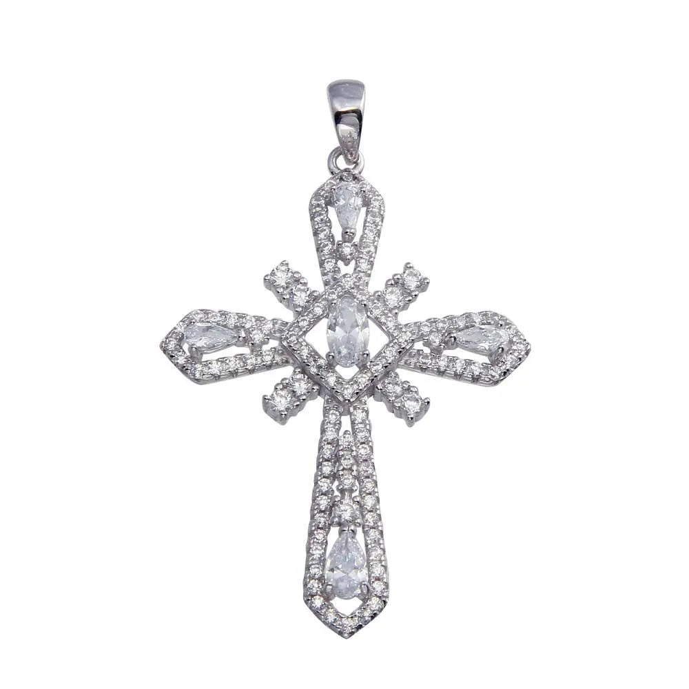 925 Sterling Silver Rhodium Plated CZ Cross Hip Hop Pendant
