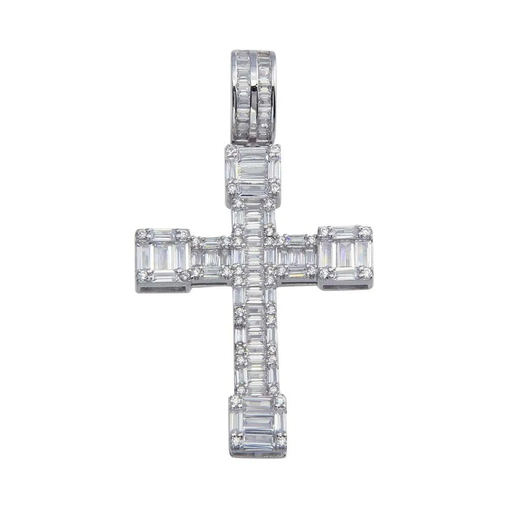 925 Sterling Silver Rhodium Plated CZ Border Baguette Cross Hip Hop Pendant