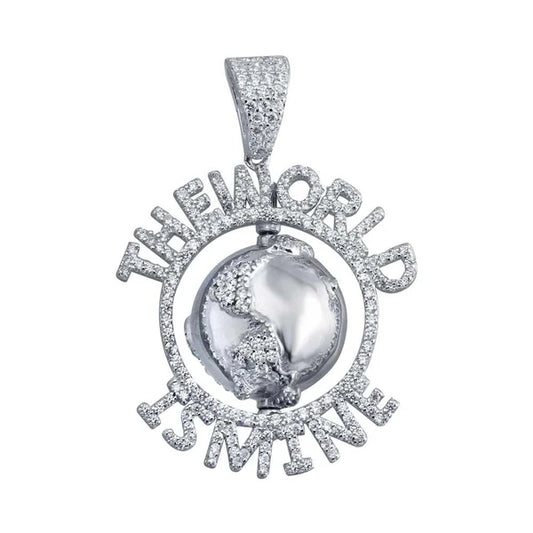 925 Sterling Silver Rhodium Plated CZ Globe Hip Hop Pendant