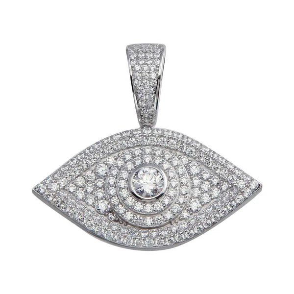 925 Sterling Silver Rhodium Plated CZ Evil Eye Hip Hop Pendant