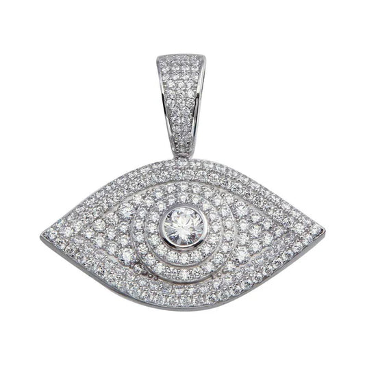 925 Sterling Silver Rhodium Plated CZ Evil Eye Hip Hop Pendant