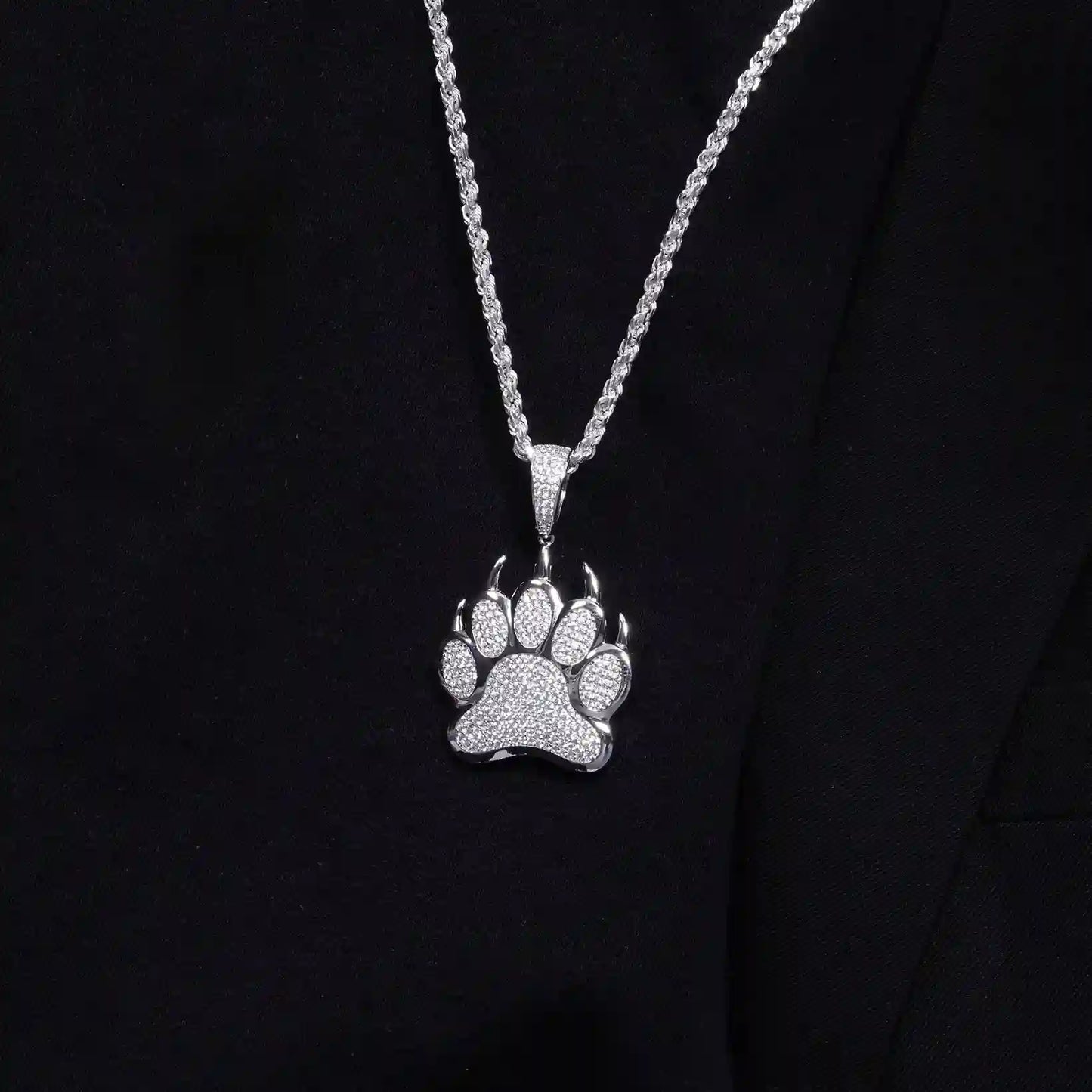 925 Sterling Silver Rhodium Plated Bear Paw Hip Hop Pendant