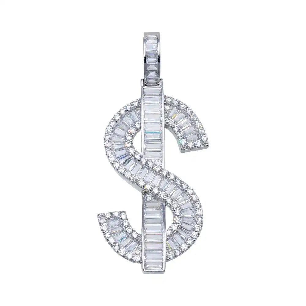 925 Sterling Silver Rhodium Plated Dollar Sign Baguette CZ Hip Hop Pendant