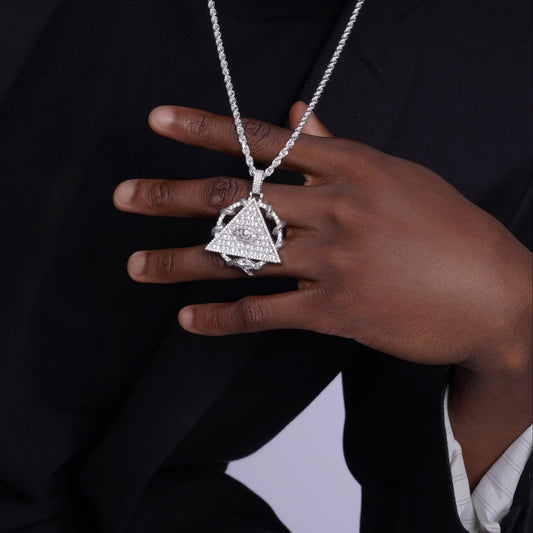 925 Sterling Silver Rhodium Plated CZ Pyramid Eye Hip Hop Pendant