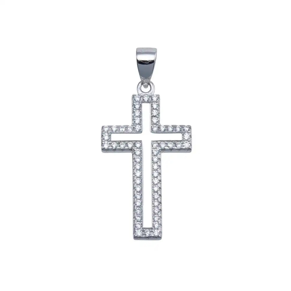 925 Sterling Silver Rhodium Plated Moissanite 15mm x 23mm Border Cross Hip Hop Pendant