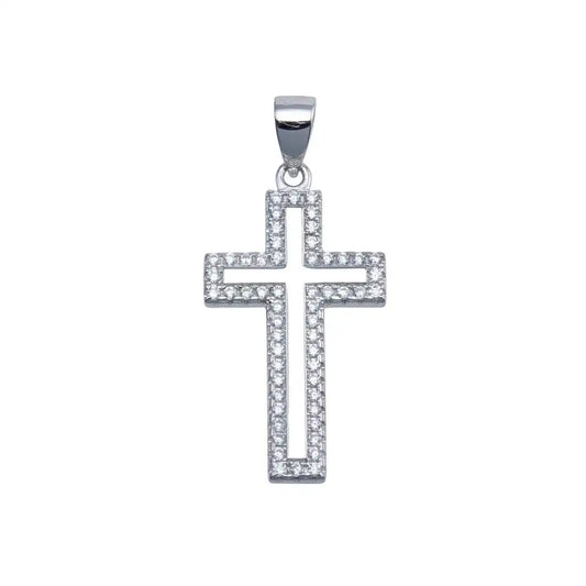 925 Sterling Silver Rhodium Plated Moissanite 15mm x 23mm Border Cross Hip Hop Pendant