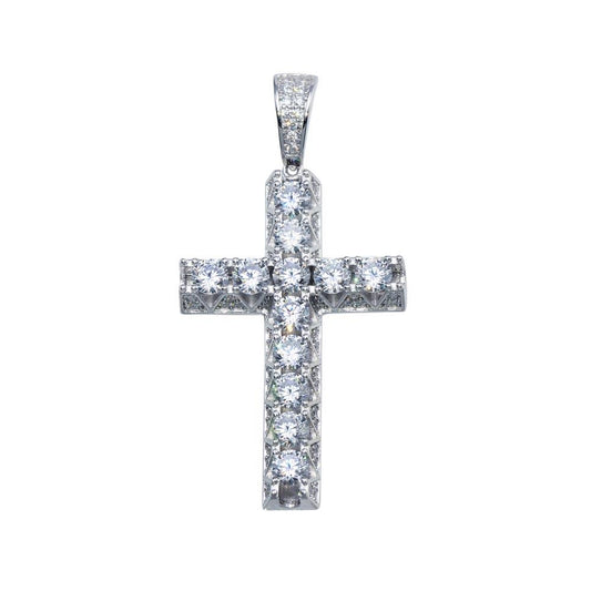925 Sterling Silver Rhodium Plated CZ Crown Set Cross Hip Hop Pendant