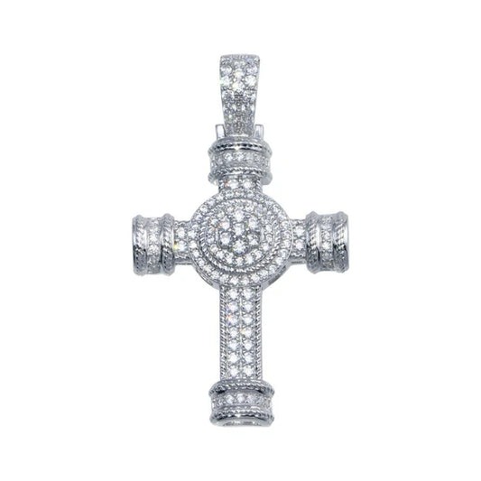 925 Sterling Silver Rhodium Plated CZ Cross Hip Hop Pendant