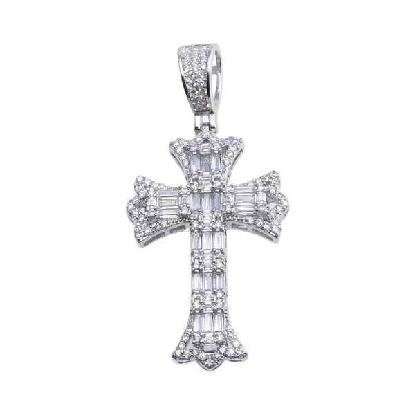 925 Sterling Silver Rhodium Plated Baguette CZ Cross Hip Hop Pendant