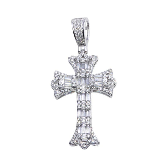 925 Sterling Silver Rhodium Plated Baguette CZ Cross Hip Hop Pendant