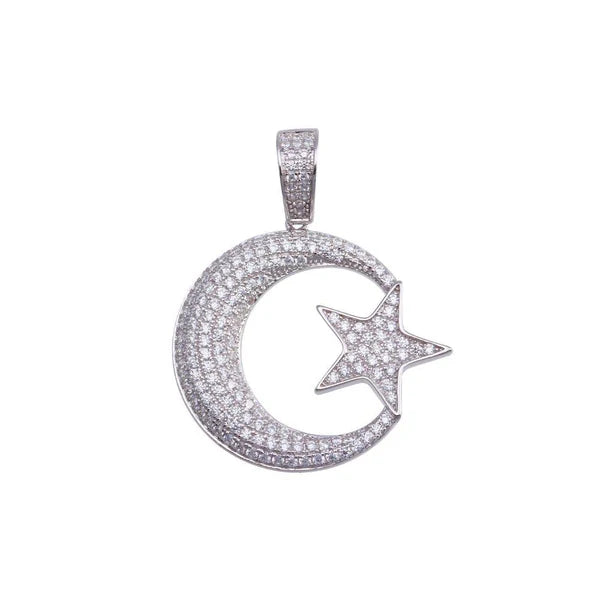 925 Sterling Silver Gold Plated CZ Moon Star Hip Hop Pendant