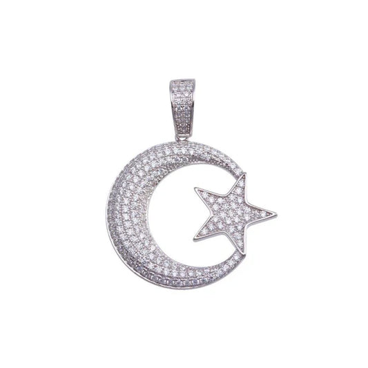 925 Sterling Silver Gold Plated CZ Moon Star Hip Hop Pendant