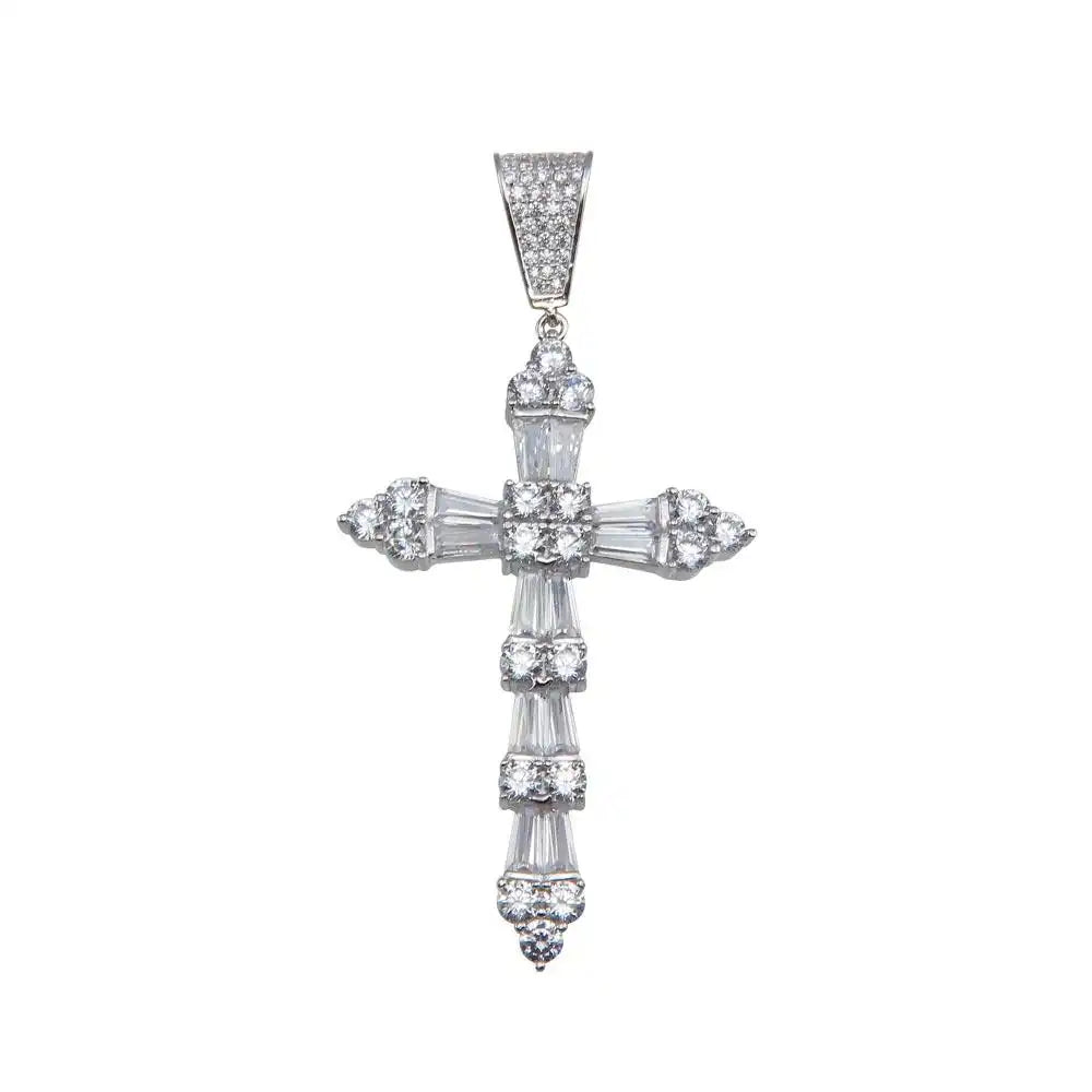 925 Sterling Silver Rhodium Plated CZ Cross Hip Hop Pendant