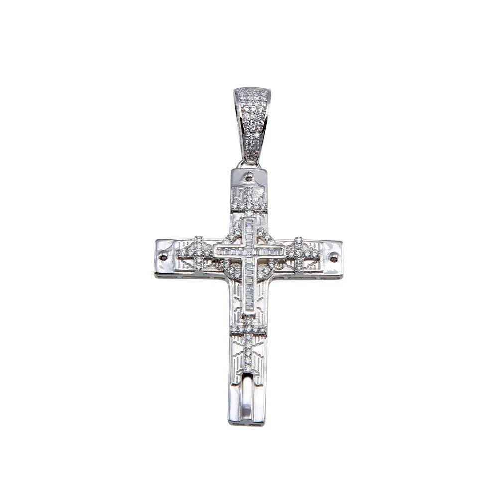 925 Sterling Silver Rhodium Plated CZ Cross Hip Hop Pendant