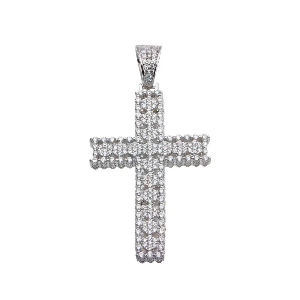 925 Sterling Silver Rhodium Plated CZ Cross Hip Hop Pendant
