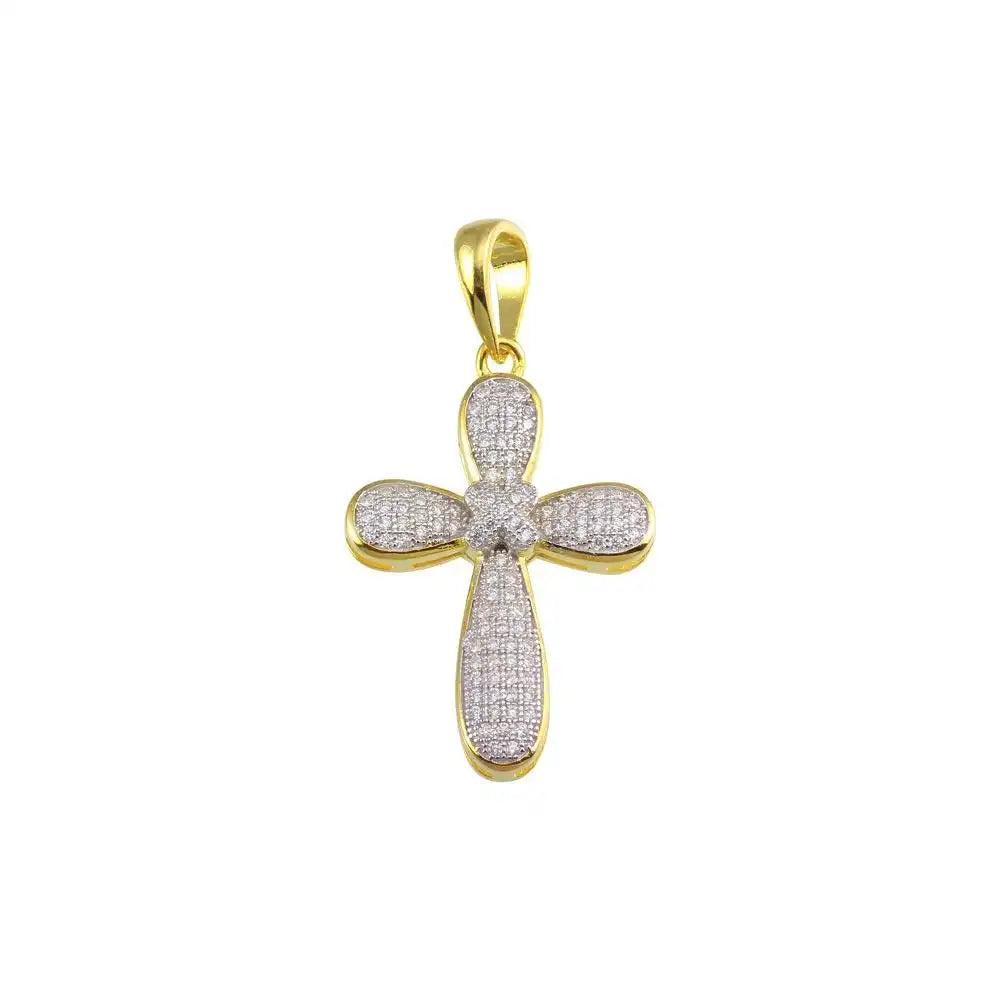 925 Sterling Silver Gold Plated CZ Cross Hip Hop Pendant