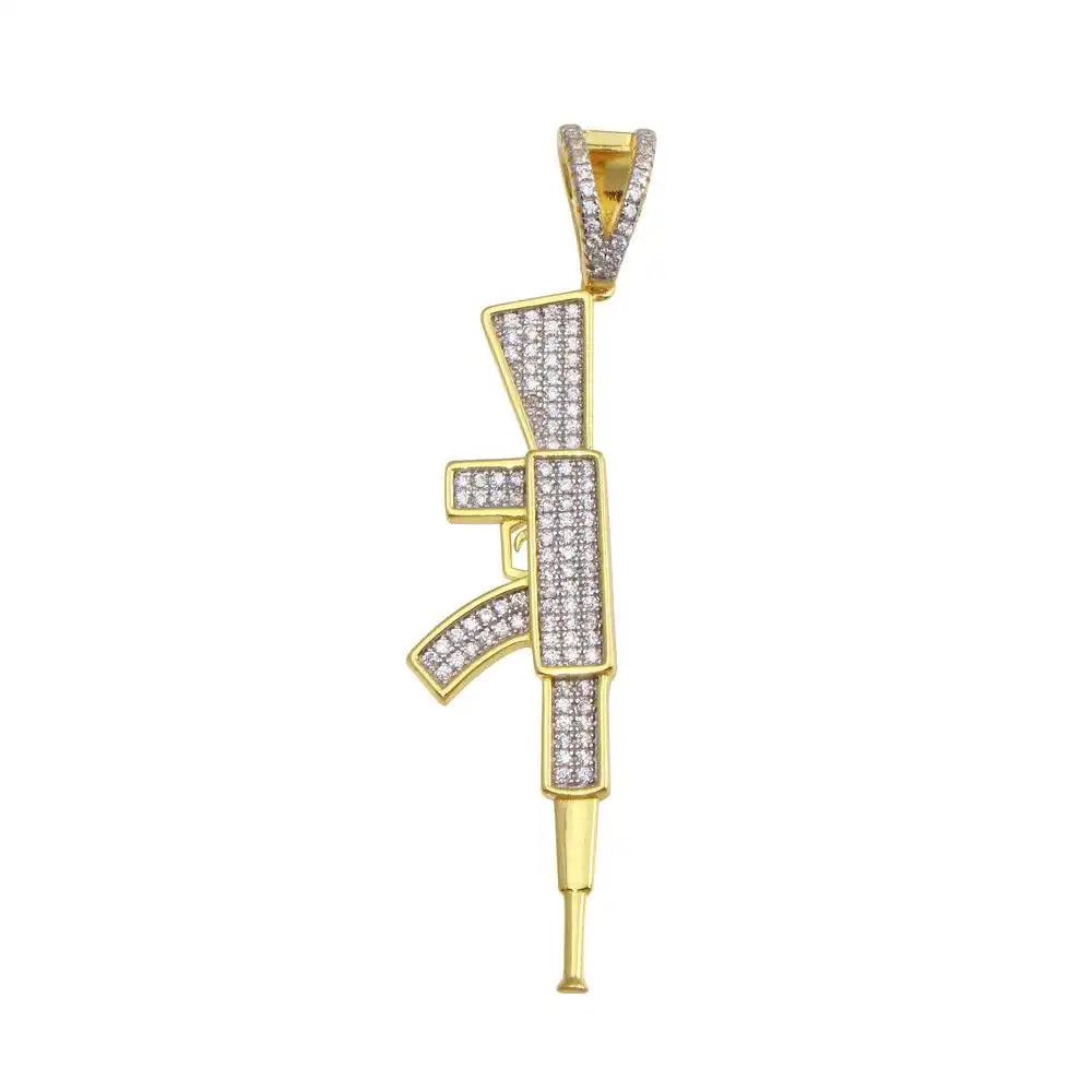 925 Sterling Silver Gold Plated CZ Gun Hip Hop Pendant