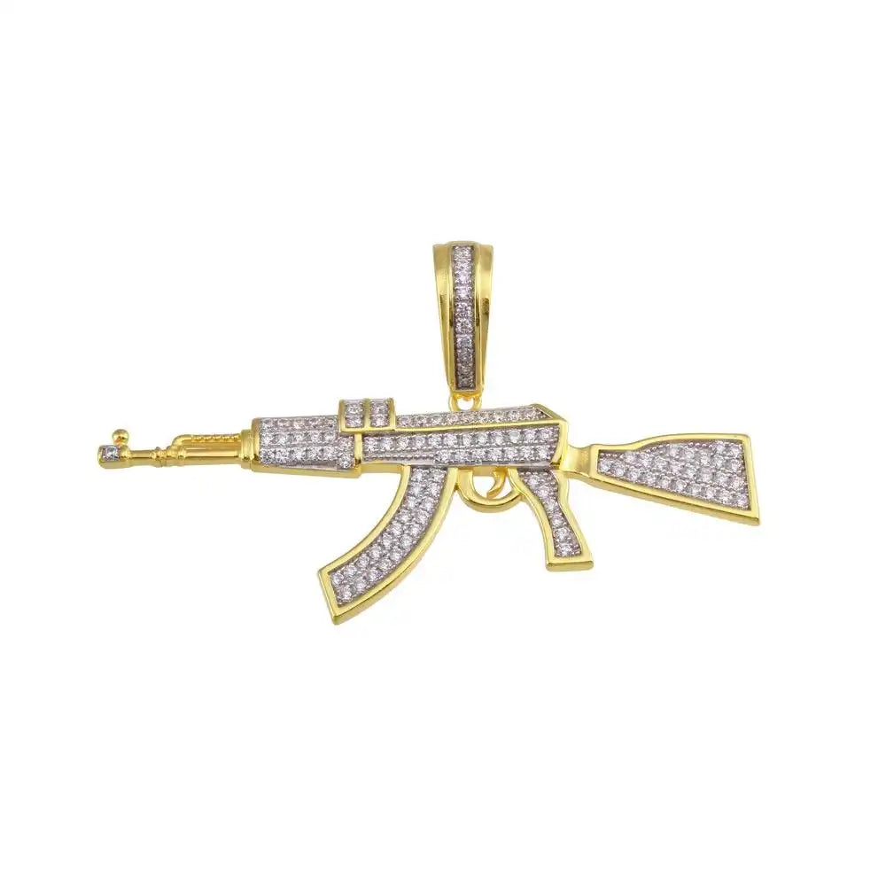 925 Sterling Silver Gold Plated Riffle CZ Hip Hop Pendant
