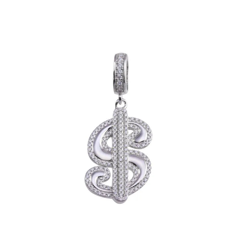 925 Sterling Silver Rhodium Plated CZ Small Dollar Sign Hip Hop Pendant