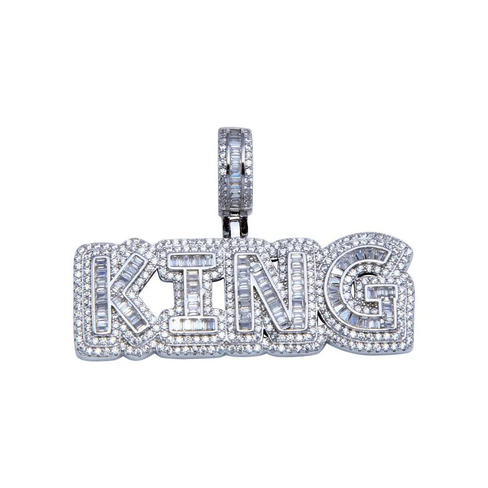 925 Sterling Silver Rhodium Plated CZ KING Hip Hop Pendant