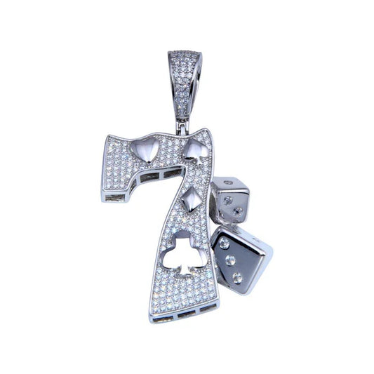 925 Sterling Silver Rhodium Plated CZ Lucky 7 Hip Hop Pendant