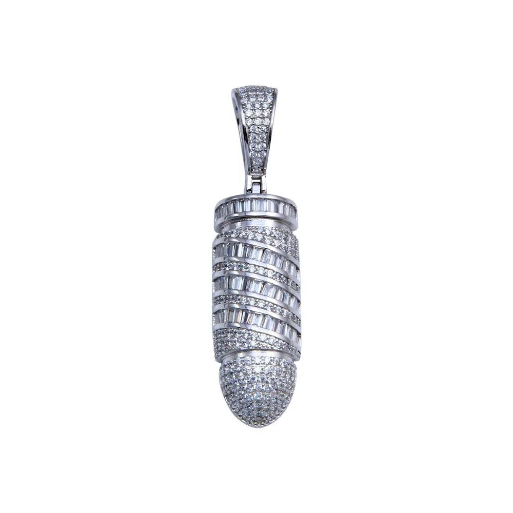 925 Sterling Silver Rhodium Plated CZ Bullet Hip Hop Pendant