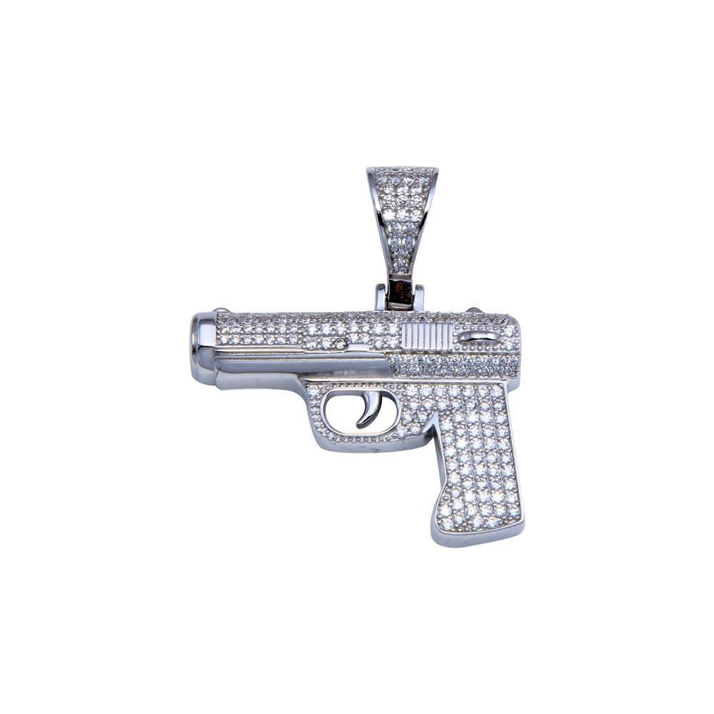925 Sterling Silver Rhodium Plated CZ Gun Hip Hop Pendant
