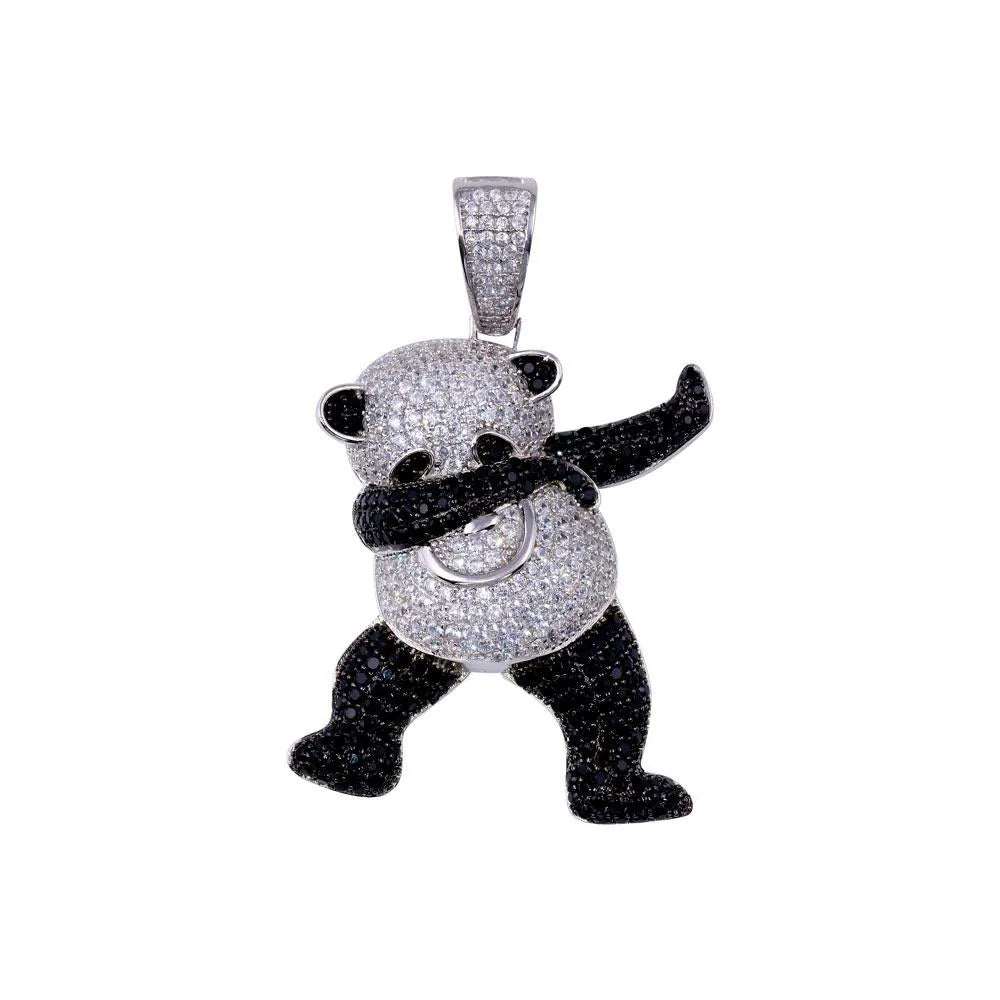 925 Sterling Silver Rhodium Plated CZ Panda Hip Hop Pendant