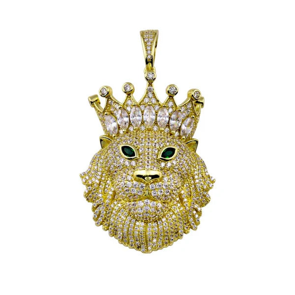 925 Sterling Silver Gold Plated CZ King Lion Hip Hop Pendant