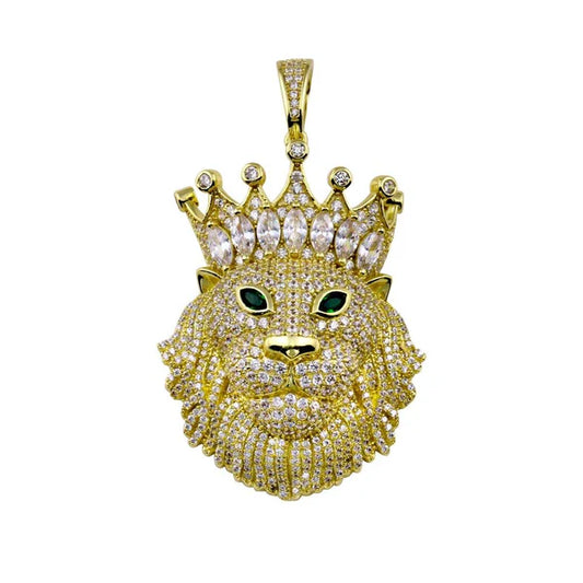 925 Sterling Silver Gold Plated CZ King Lion Hip Hop Pendant
