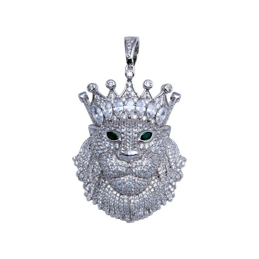 925 Sterling Silver Rhodium Plated CZ King Lion Hip Hop Pendant
