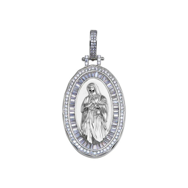 925 Sterling Silver Rhodium Plated CZ Mary Hip Hop Pendant