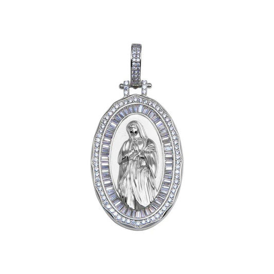 925 Sterling Silver Rhodium Plated CZ Mary Hip Hop Pendant