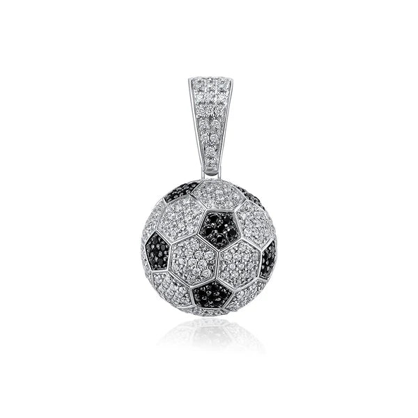 925 Sterling Silver Rhodium Plated Football Soccer Clear and Black CZ Pendant