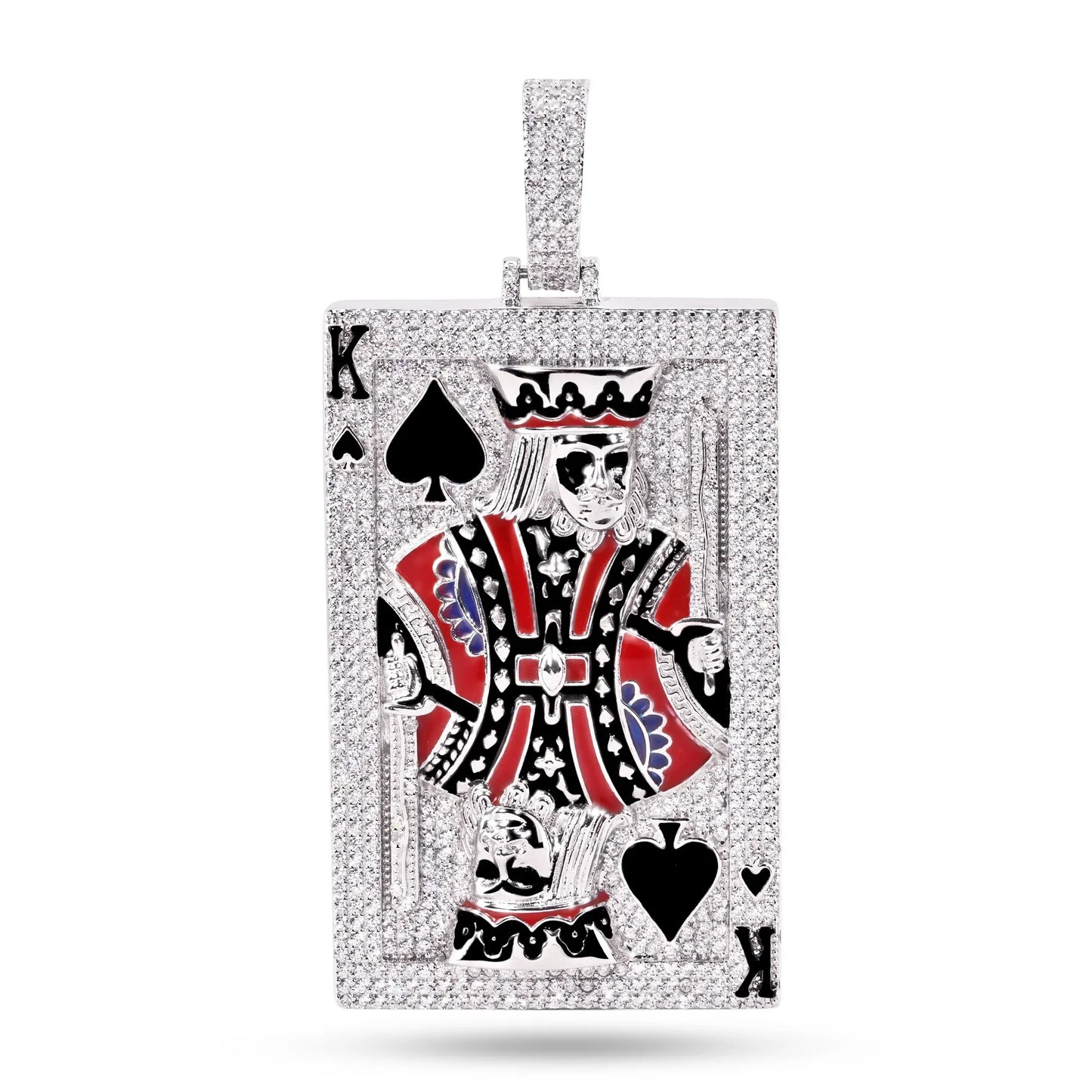 925 Sterling Silver Rhodium Plated King of Spades Clear CZ Black and Red Enamel Pendant