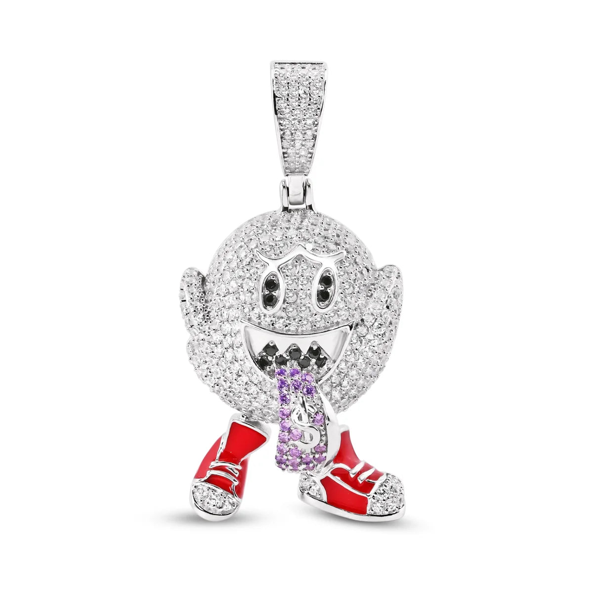 925 Sterling Silver Rhodium Plated Ghost Tounge Out Clear Black and Purple CZ Pendant