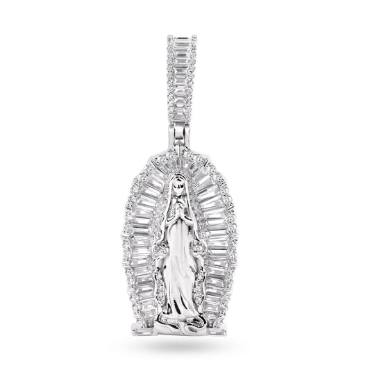 925 Sterling Silver Rhodium Plated Our Lady Of Guadalupe Baguette Clear CZ 35mm Pendant