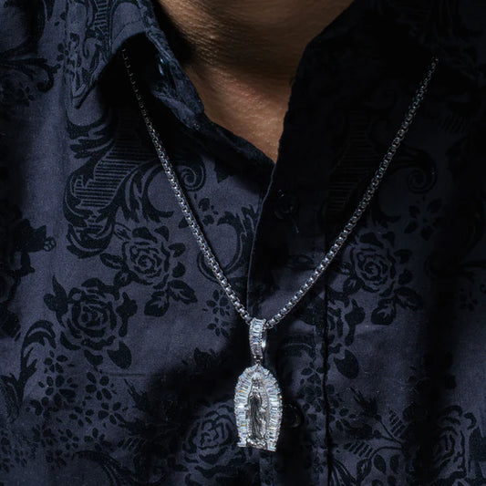 925 Sterling Silver Rhodium Plated Our Lady Of Guadalupe Baguette Clear CZ 35mm Pendant