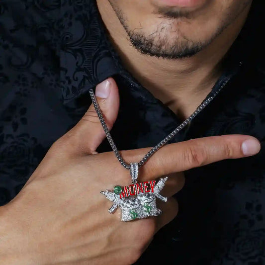 925 Sterling Silver Rhodium Plated Money Bag Guns Clear CZ Red and Green Enamel Pendant