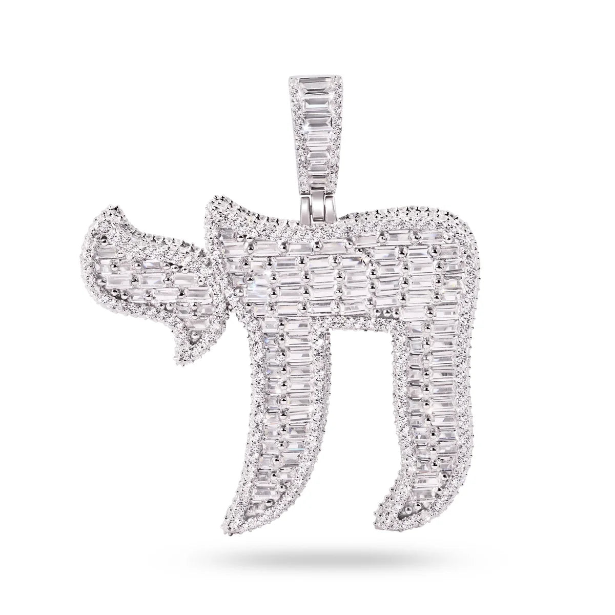 925 Sterling Silver Rhodium Plated Jewish Chain Baguette Clear CZ Pendant