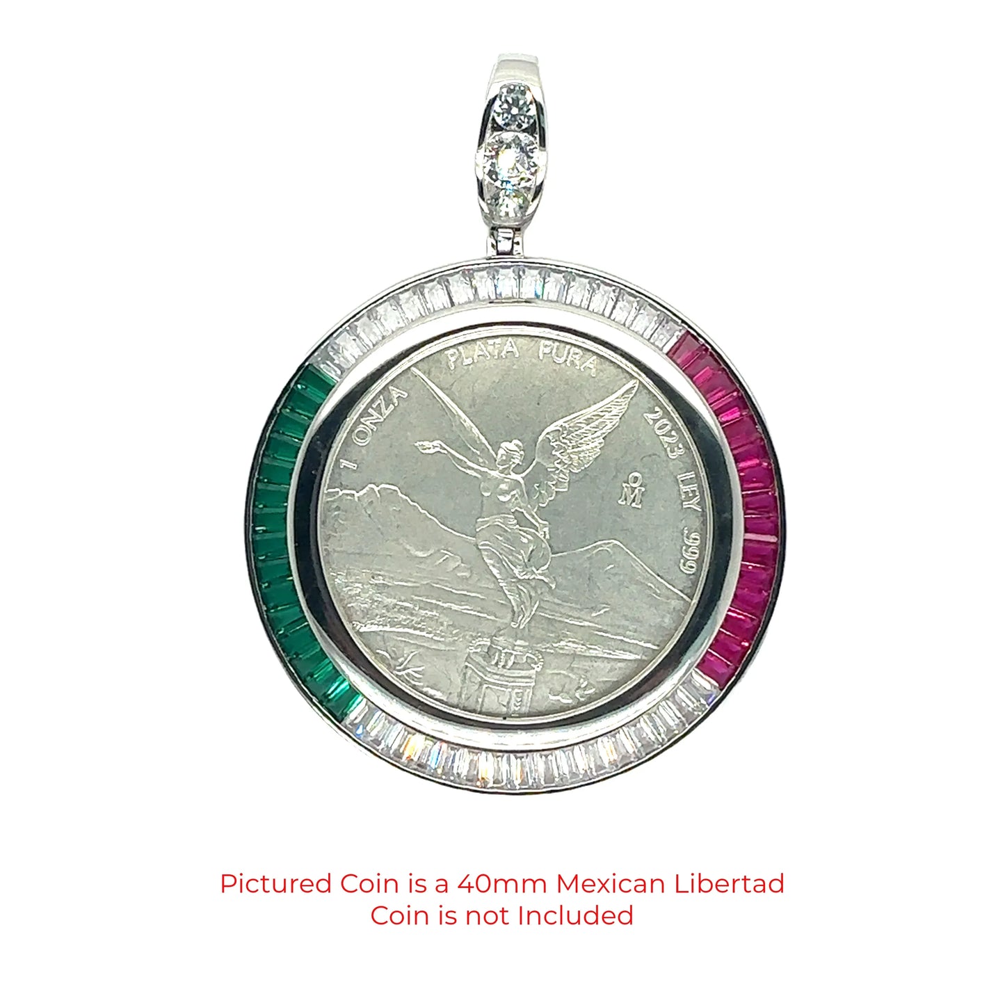 925 Sterling Silver Rhodium Plated Bezel for Coin Baguette Clear Green and Red CZ Pendant