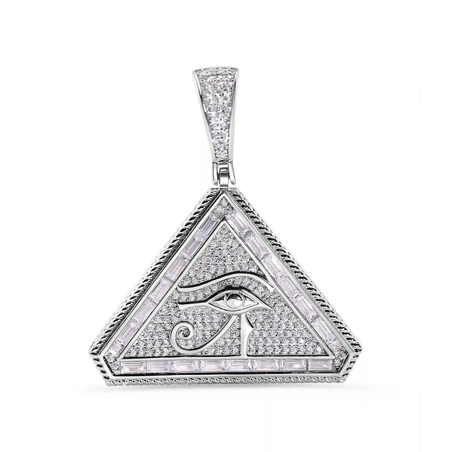 925 Sterling Silver Rhodium Plated Eye of Horus Triangle Clear Baguette and Round CZ Pendant