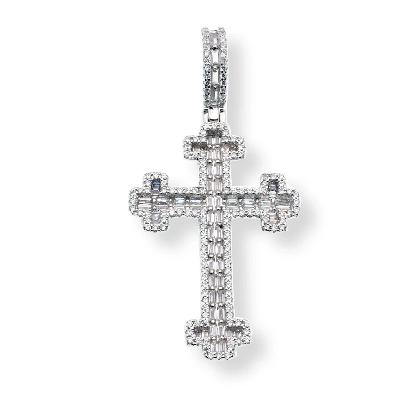925 Sterling Silver Rhodium Plated Cross Crosslet Baguette and Round Clear CZ 25mm x 35.8mm Pendant